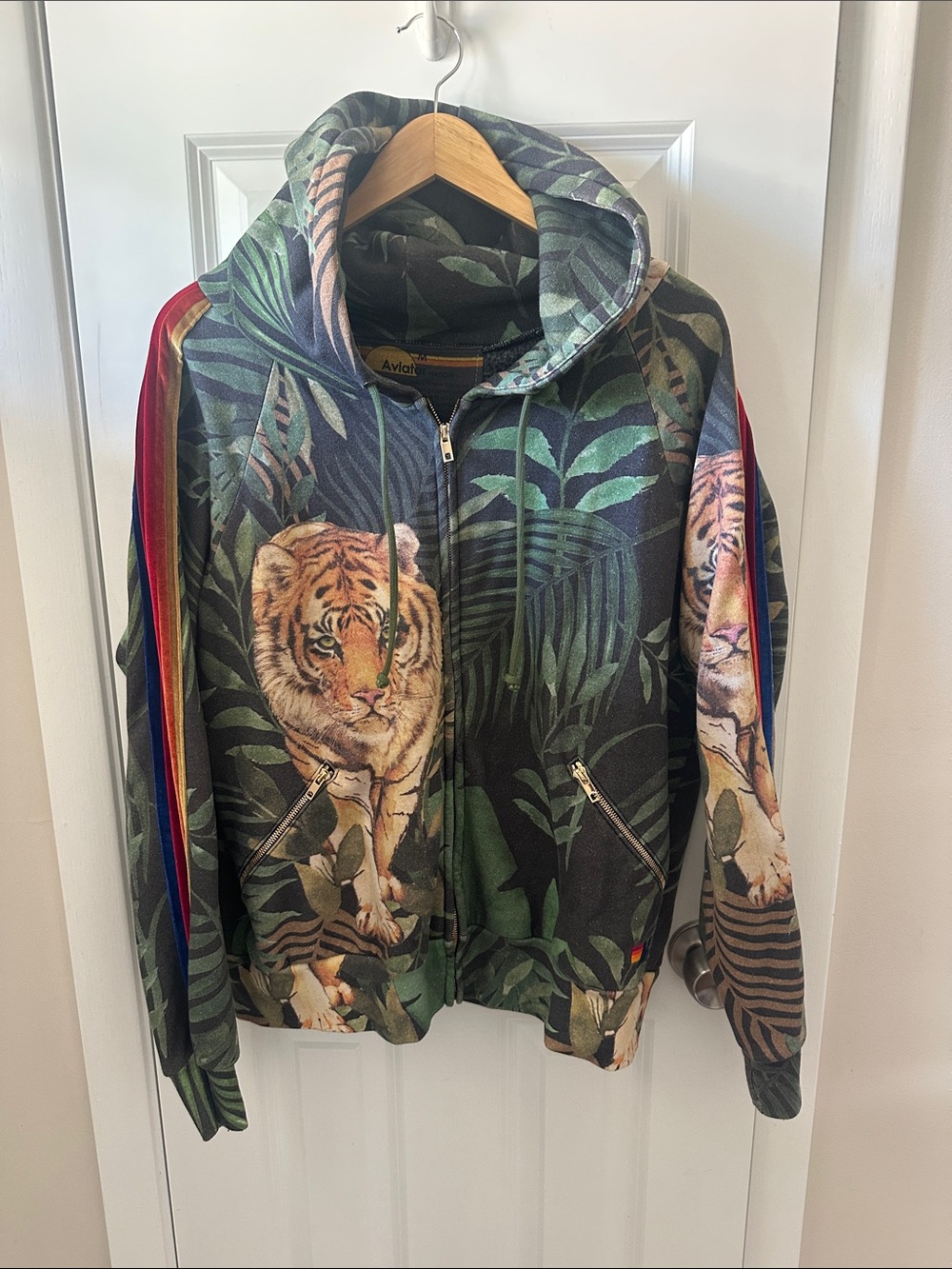 Aviator Nation Green Jungle Tiger-Print Zip Hoodie with Red Stripe Detail